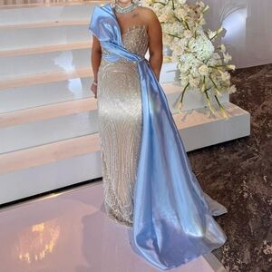 Elegant Beaded Gown with Blue Satin Train